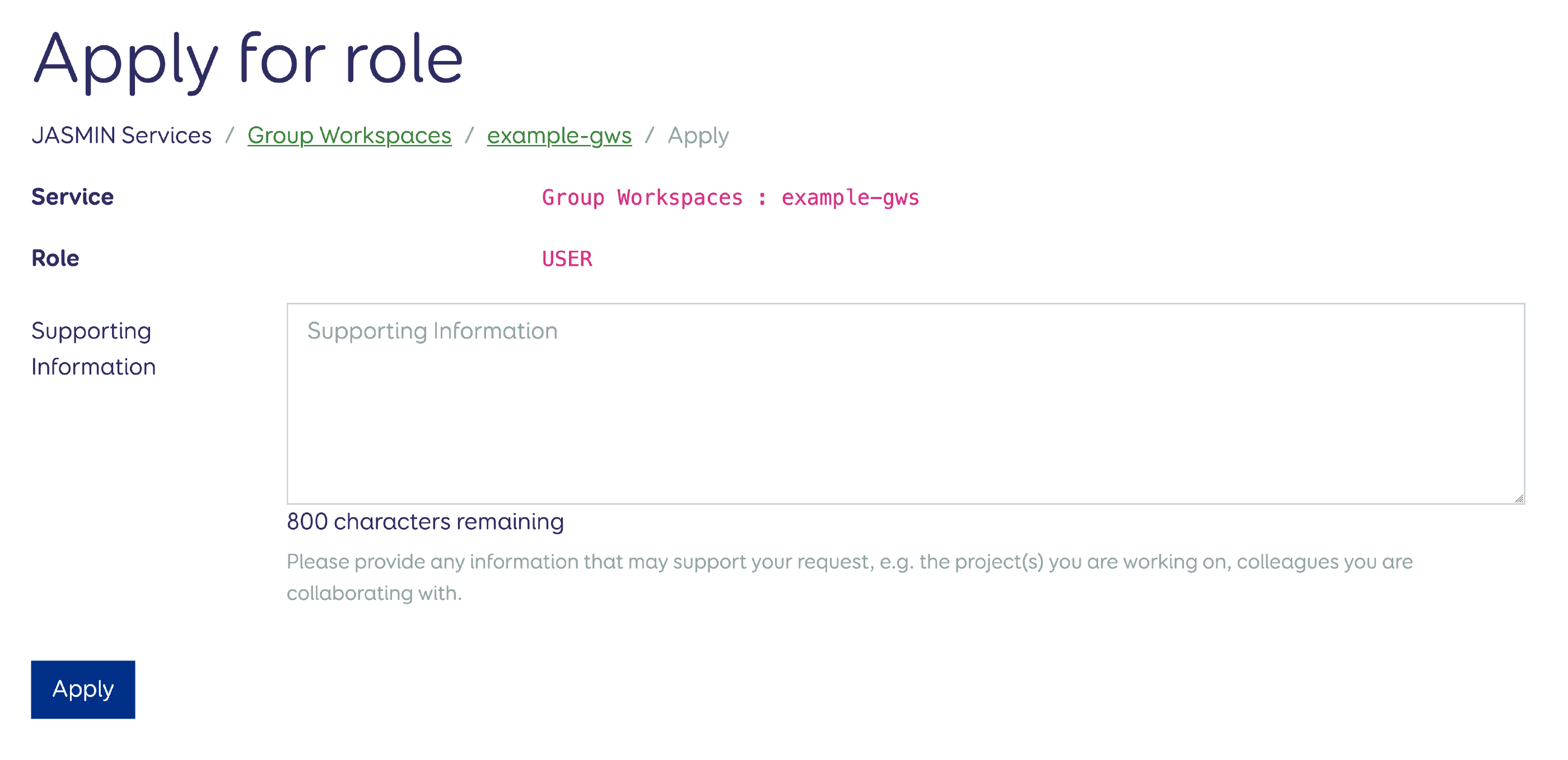 GWS 'USER' role application form