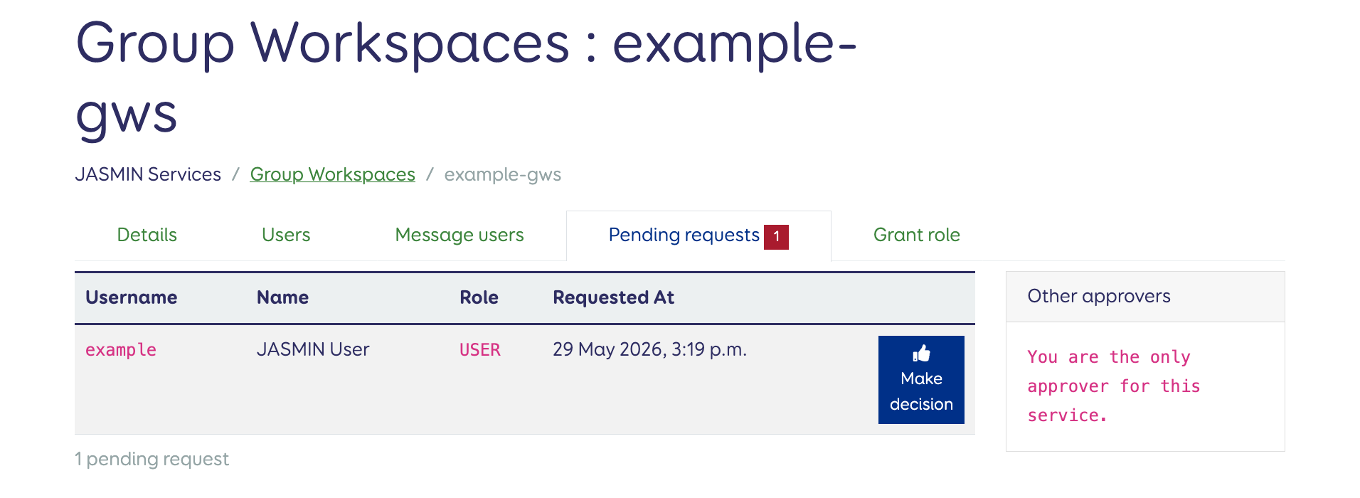 Pending requests for the 'example-gws' service