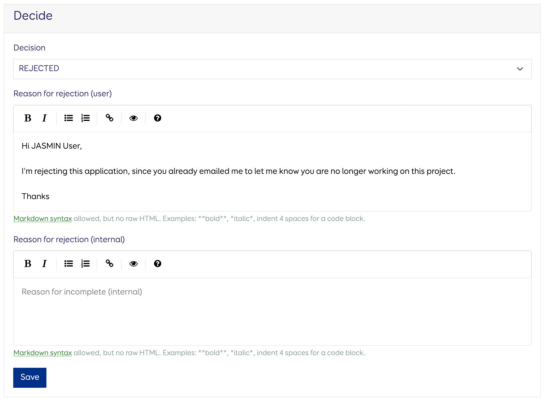 Closing a request as rejected
