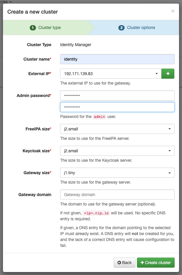 Specify parameters for new cluster