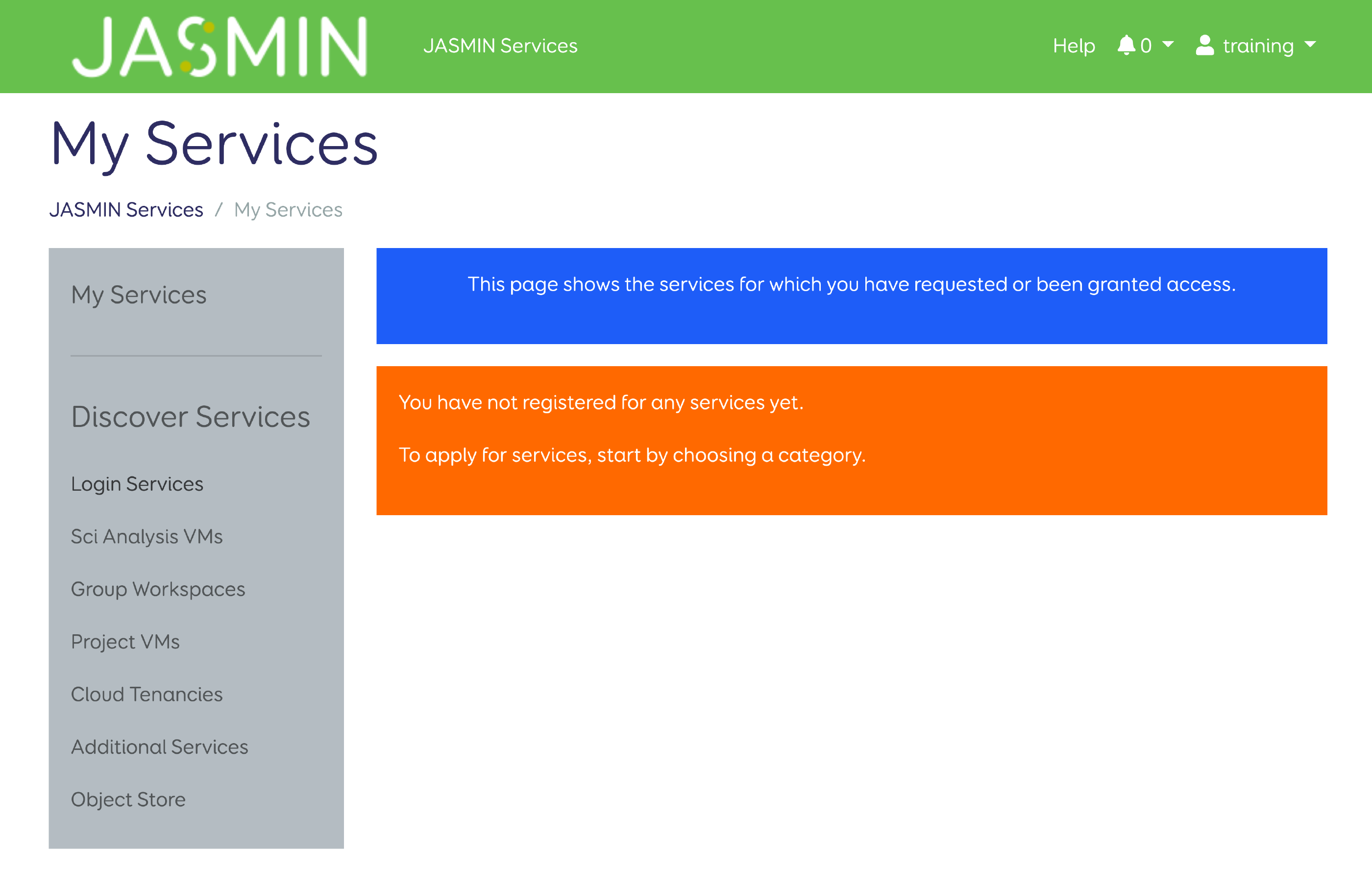 The 'My Services' page showing a message that the user has not been granted any services yet