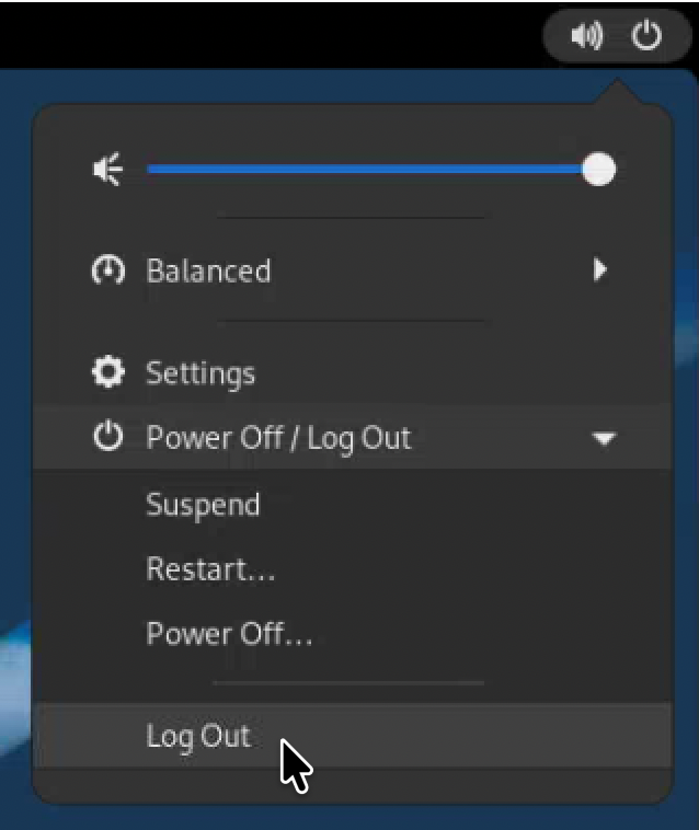 The power menu on the top right of the desktop showing the 'Log Out' option