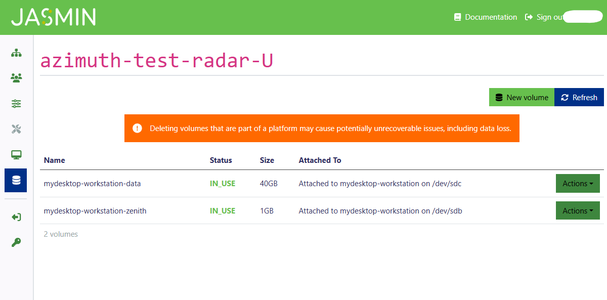 'New volume' button on the top right of the tenancy/project page